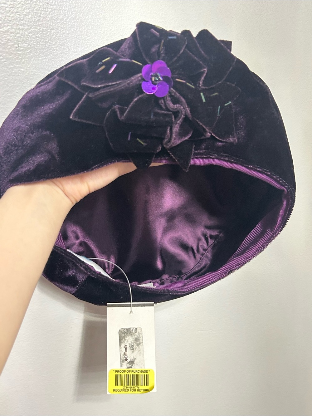 Floral Velvet Beret Betmar New York Plum Purple Hat Beaded Accent - One Size